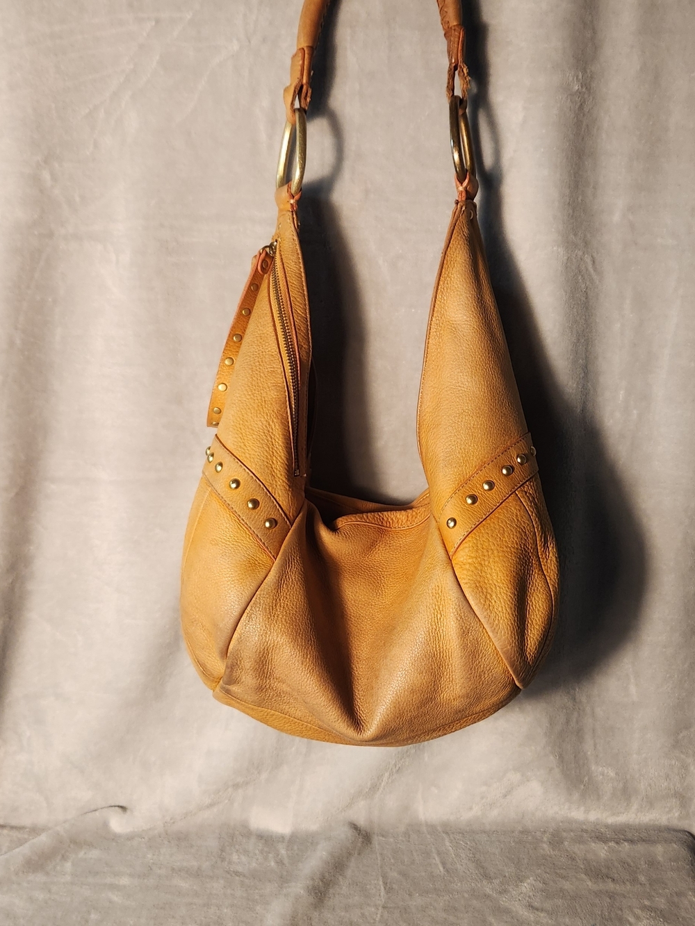 Danier Cognac Leather Hobo Bag | Slouchy Shoulder Bag | Stud Detail